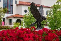 Photo of large, bronze statue of Red Hawk with red flowers blooming.